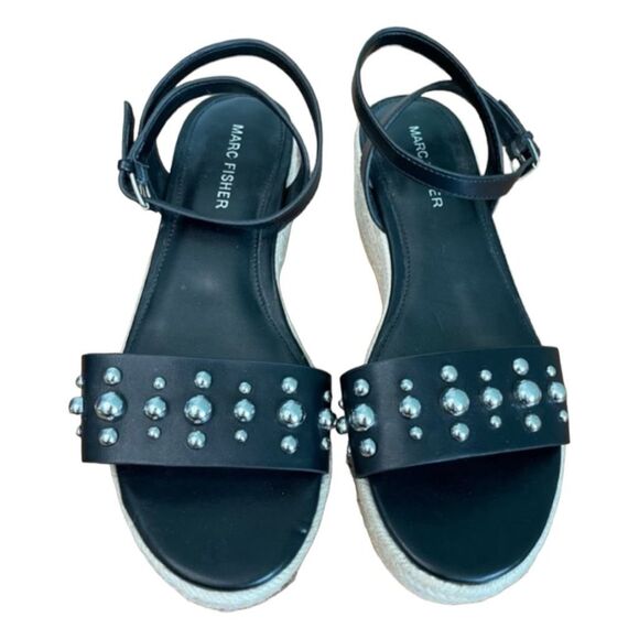 Marc Fisher Joyce Platform Espadrille Sandals Black Vegan Leather Silver Stud An - Picture 6 of 10